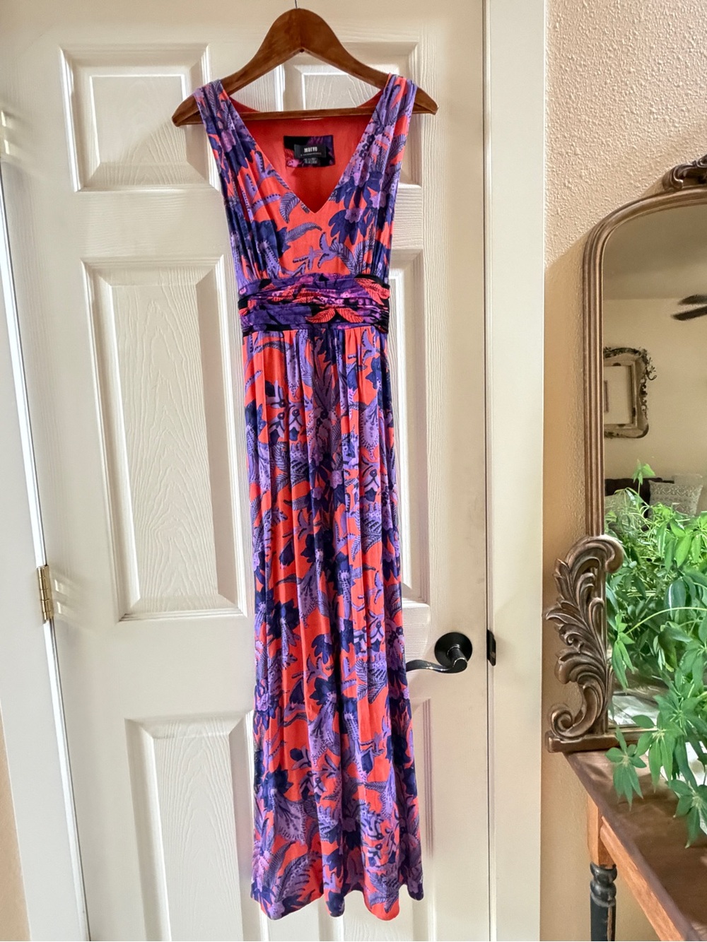 Anthropologie Coral and Purple Floral V-Neck Maxi Dress